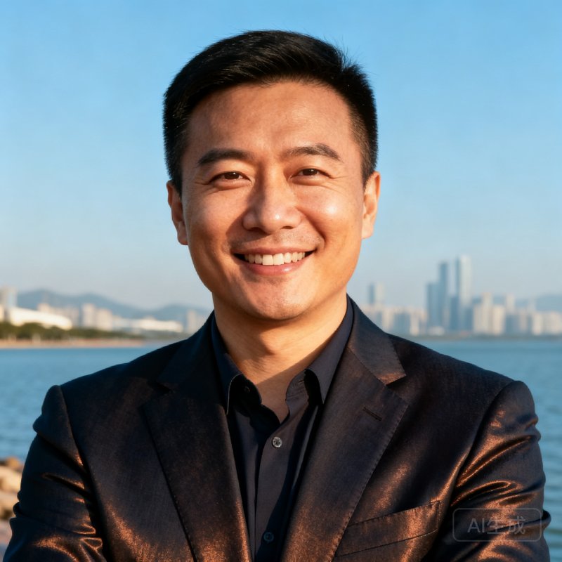 陈风，风行体育CEO，穿着深色西装面带微笑，背景为深圳湾