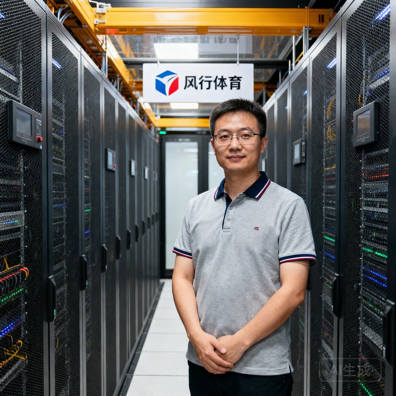 李行，风行体育CTO，在数据机房前留影，穿Polo衫